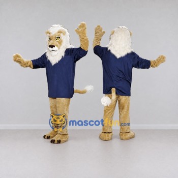 Custom Tan White and Navy Blue Lion in T-Shirt Mascot Costume Adult Full Body Suit for Sports Events