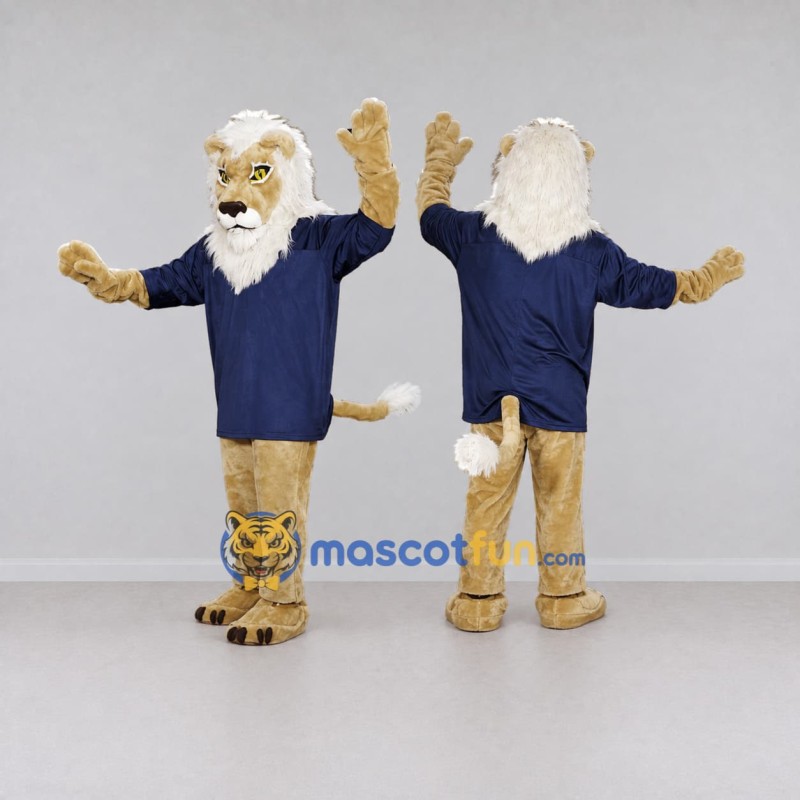 Custom Tan White and Navy Blue Lion in T-Shirt Mascot Costume Adult Full Body Suit for Sports Events Custom Tan White and Navy Blue Lion in T-Shirt Mascot Costume Adult Full Body Suit for Sports Events