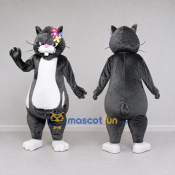 Custom Dark Gray and White Cat with Flowers Mascot Costume Adult Full Body Suit for Children's Parties