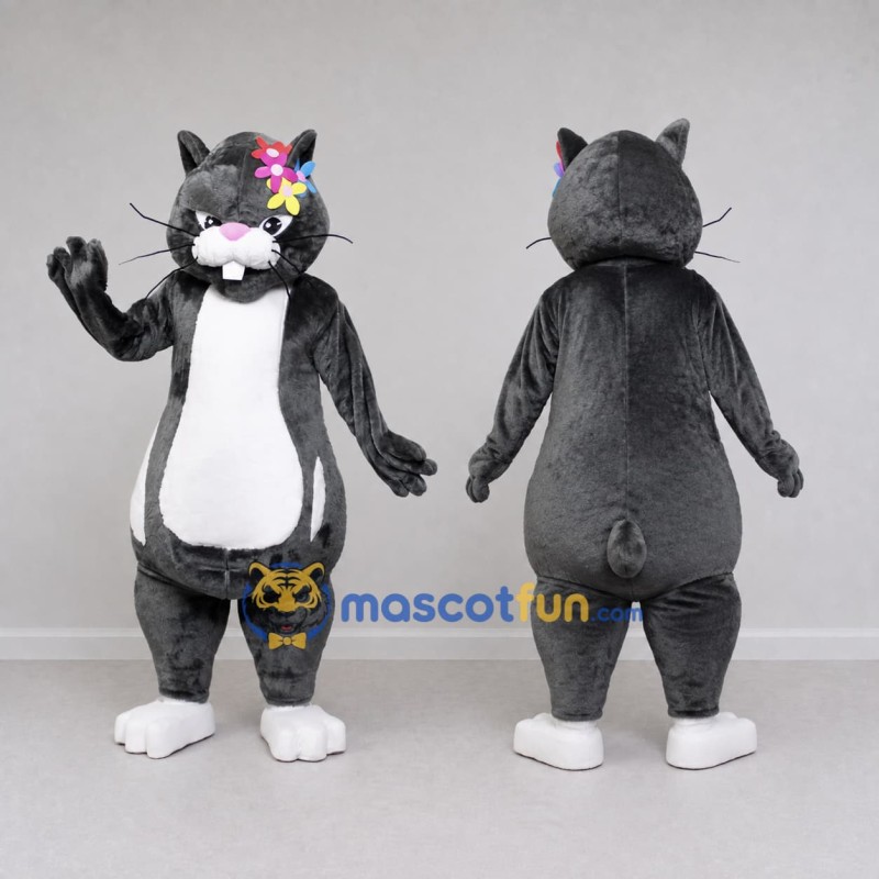 Custom Dark Gray and White Cat with Flowers Mascot Costume Adult Full Body Suit for Children's Parties
