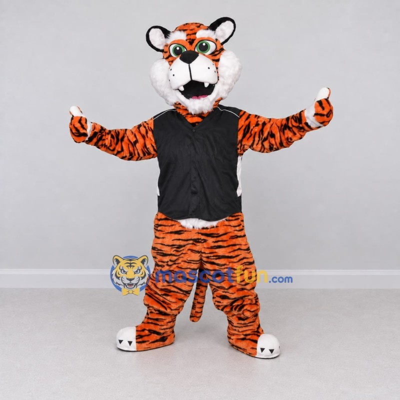Custom Orange and Black Tiger in T-Shirt Mascot Costume Adult Full Body Suit for Sports Events Custom Orange and Black Tiger in T-Shirt Mascot Costume Adult Full Body Suit for Sports Events