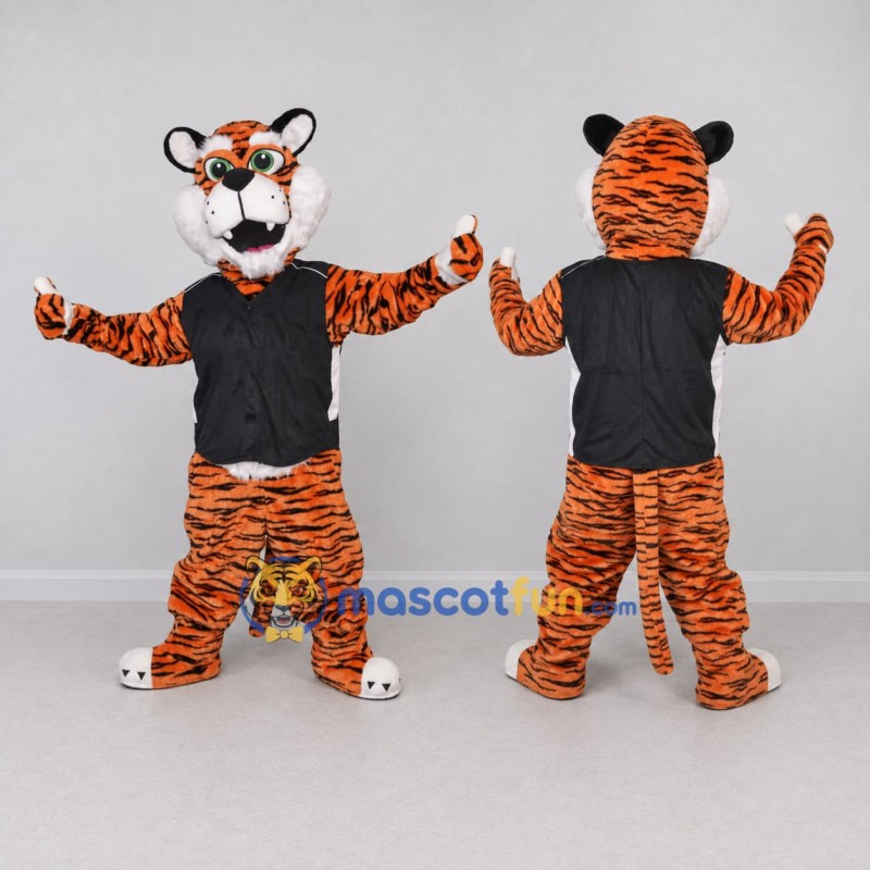 Custom Orange and Black Tiger in T-Shirt Mascot Costume Adult Full Body Suit for Sports Events Custom Orange and Black Tiger in T-Shirt Mascot Costume Adult Full Body Suit for Sports Events