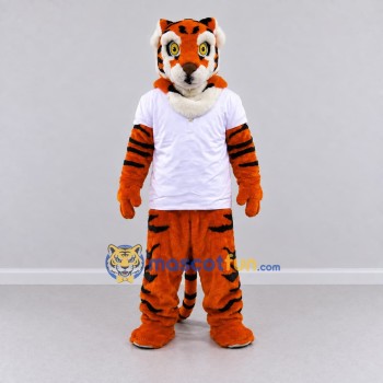 Custom Orange Black and White Tiger in T-Shirt Mascot Costume Adult Full Body Suit for Sports Events Custom Orange Black and White Tiger in T-Shirt Mascot Costume Adult Full Body Suit for Sports Events