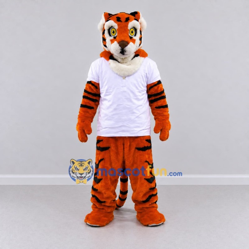 Custom Orange Black and White Tiger in T-Shirt Mascot Costume Adult Full Body Suit for Sports Events Custom Orange Black and White Tiger in T-Shirt Mascot Costume Adult Full Body Suit for Sports Events