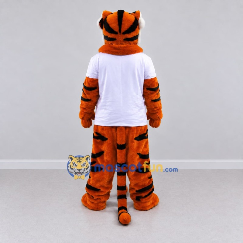 Custom Orange Black and White Tiger in T-Shirt Mascot Costume Adult Full Body Suit for Sports Events Custom Orange Black and White Tiger in T-Shirt Mascot Costume Adult Full Body Suit for Sports Events