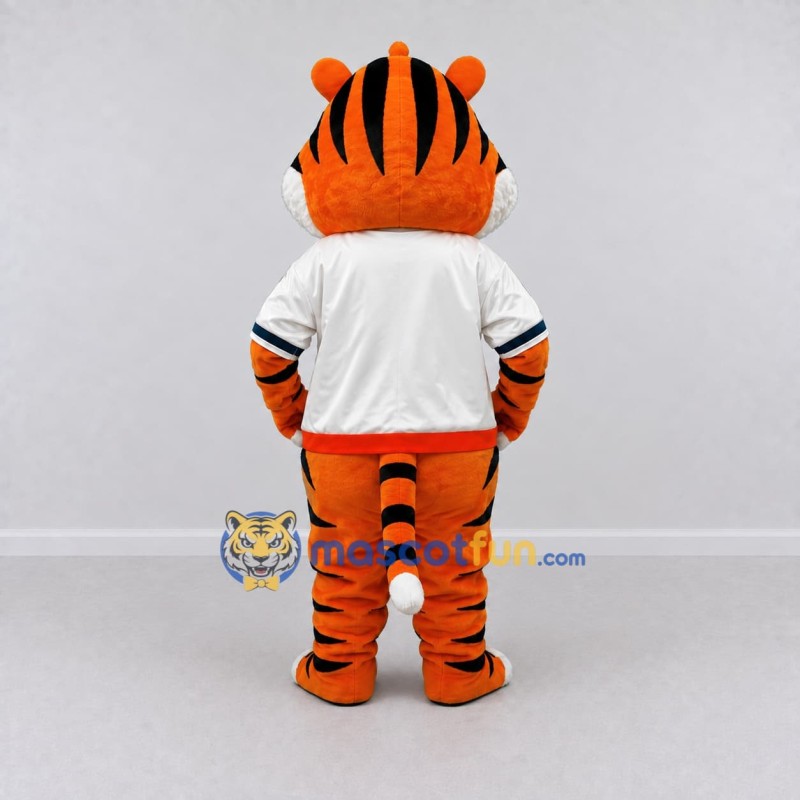 Custom Orange Black and White Tiger in T-Shirt Mascot Costume Adult Full Body Suit for Sports Events Custom Orange Black and White Tiger in T-Shirt Mascot Costume Adult Full Body Suit for Sports Events