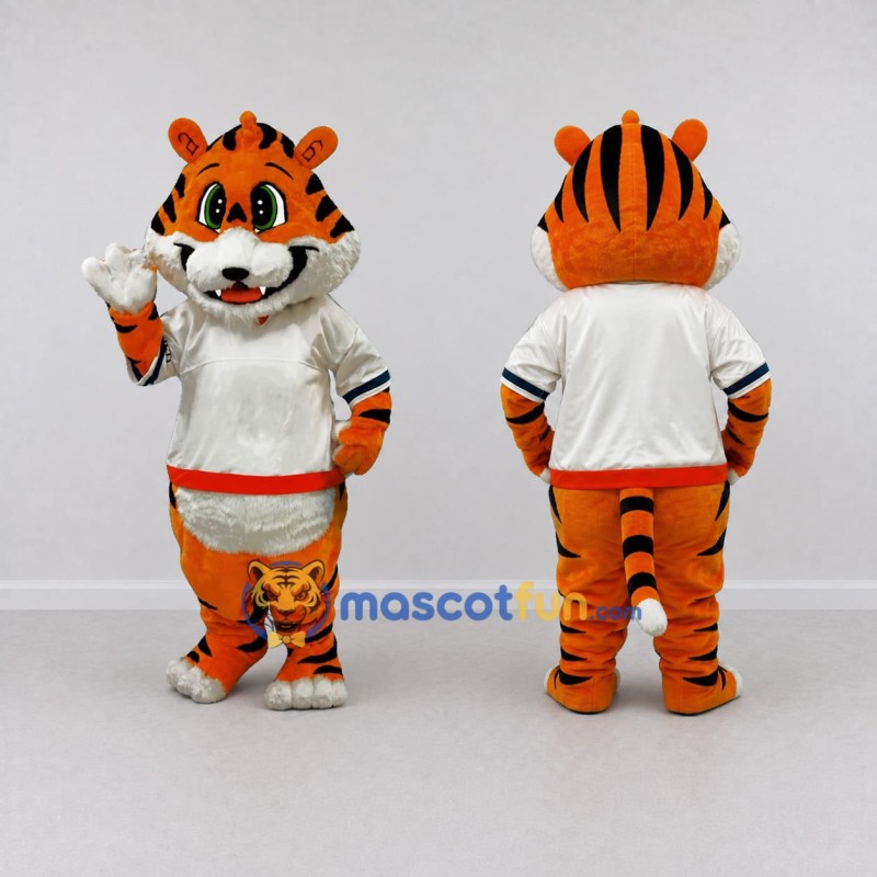 Custom Orange Black and White Tiger in T-Shirt Mascot Costume Adult Full Body Suit for Sports Events Custom Orange Black and White Tiger in T-Shirt Mascot Costume Adult Full Body Suit for Sports Events