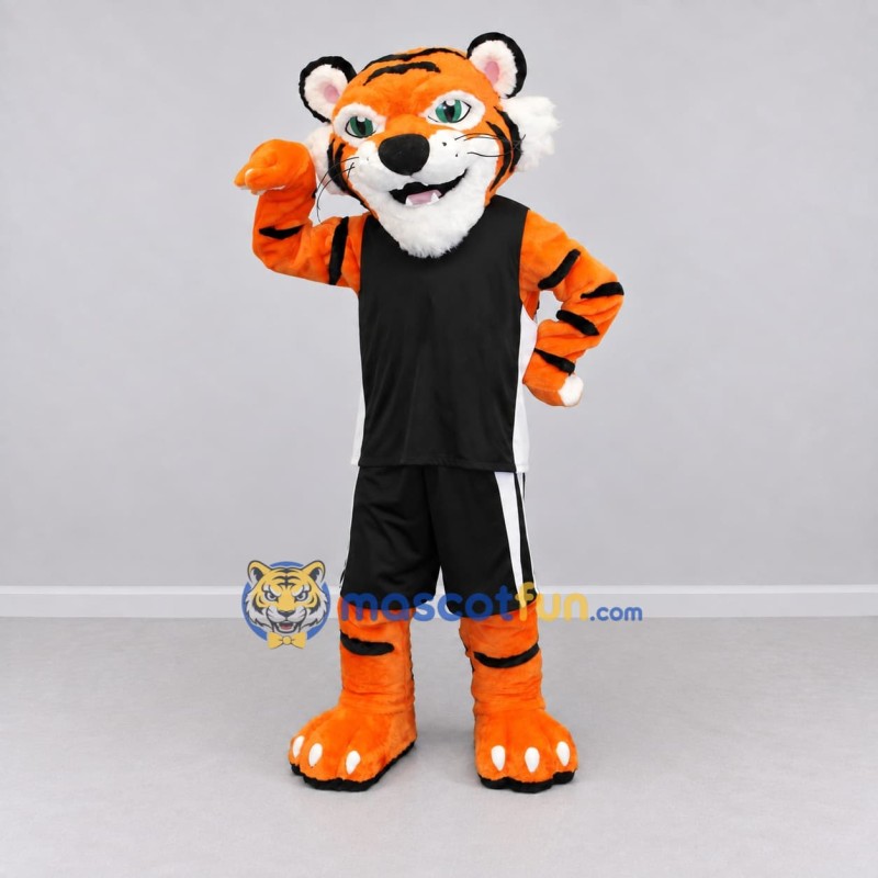 Custom Orange and Black Tiger in Sportswear Mascot Costume Adult Full Body Suit for Sports Events Custom Orange and Black Tiger in Sportswear Mascot Costume Adult Full Body Suit for Sports Events