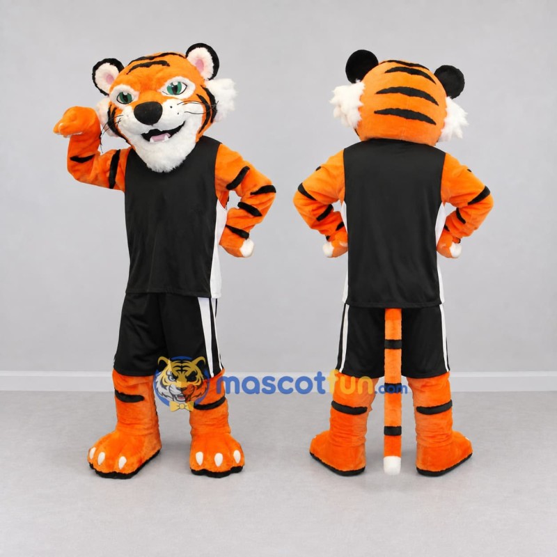 Custom Orange and Black Tiger in Sportswear Mascot Costume Adult Full Body Suit for Sports Events Custom Orange and Black Tiger in Sportswear Mascot Costume Adult Full Body Suit for Sports Events