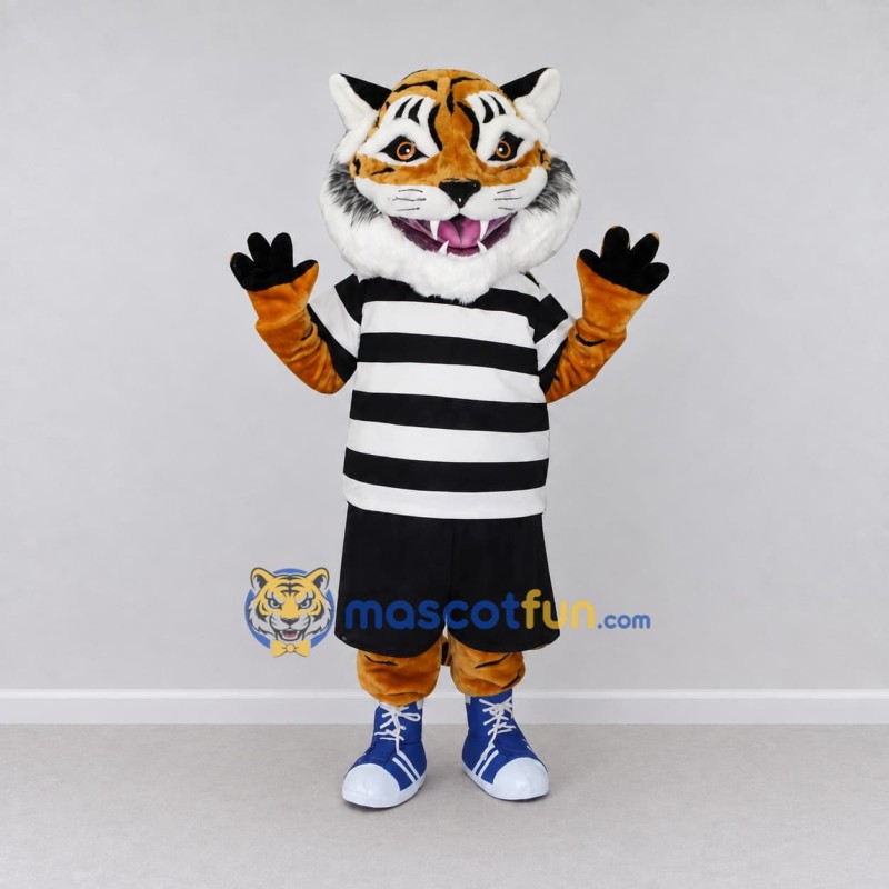 Custom Orange Black and White Tiger in Striped T-Shirt Mascot Costume Adult Full Body Suit for Sports Events Custom Orange Black and White Tiger in Striped T-Shirt Mascot Costume Adult Full Body Suit for Sports Events