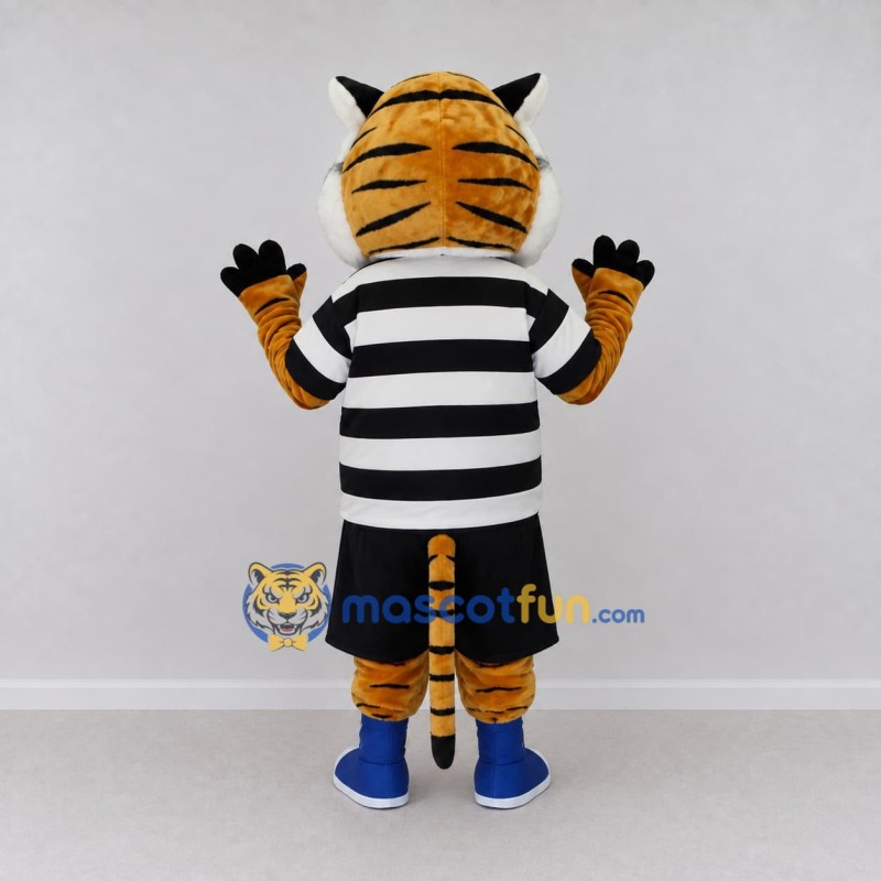 Custom Orange Black and White Tiger in Striped T-Shirt Mascot Costume Adult Full Body Suit for Sports Events Custom Orange Black and White Tiger in Striped T-Shirt Mascot Costume Adult Full Body Suit for Sports Events