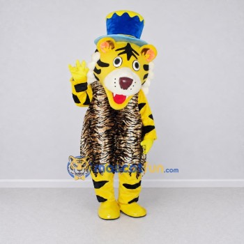 Custom Yellow and Blue Tiger in Top Hat Mascot Costume Adult Full Body Suit for Themed Parties Custom Yellow and Blue Tiger in Top Hat Mascot Costume Adult Full Body Suit for Themed Parties