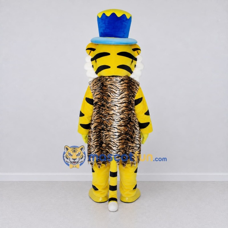 Custom Yellow and Blue Tiger in Top Hat Mascot Costume Adult Full Body Suit for Themed Parties Custom Yellow and Blue Tiger in Top Hat Mascot Costume Adult Full Body Suit for Themed Parties