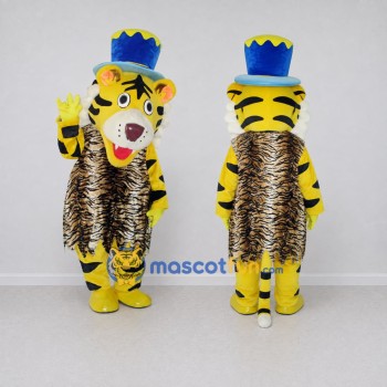 Custom Yellow and Blue Tiger in Top Hat Mascot Costume Adult Full Body Suit for Themed Parties