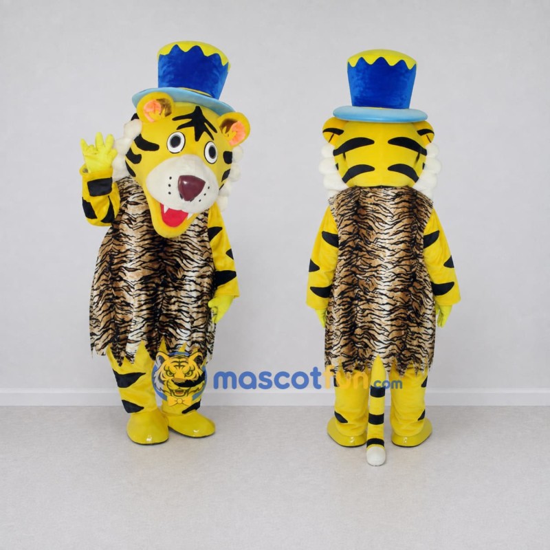 Custom Yellow and Blue Tiger in Top Hat Mascot Costume Adult Full Body Suit for Themed Parties Custom Yellow and Blue Tiger in Top Hat Mascot Costume Adult Full Body Suit for Themed Parties