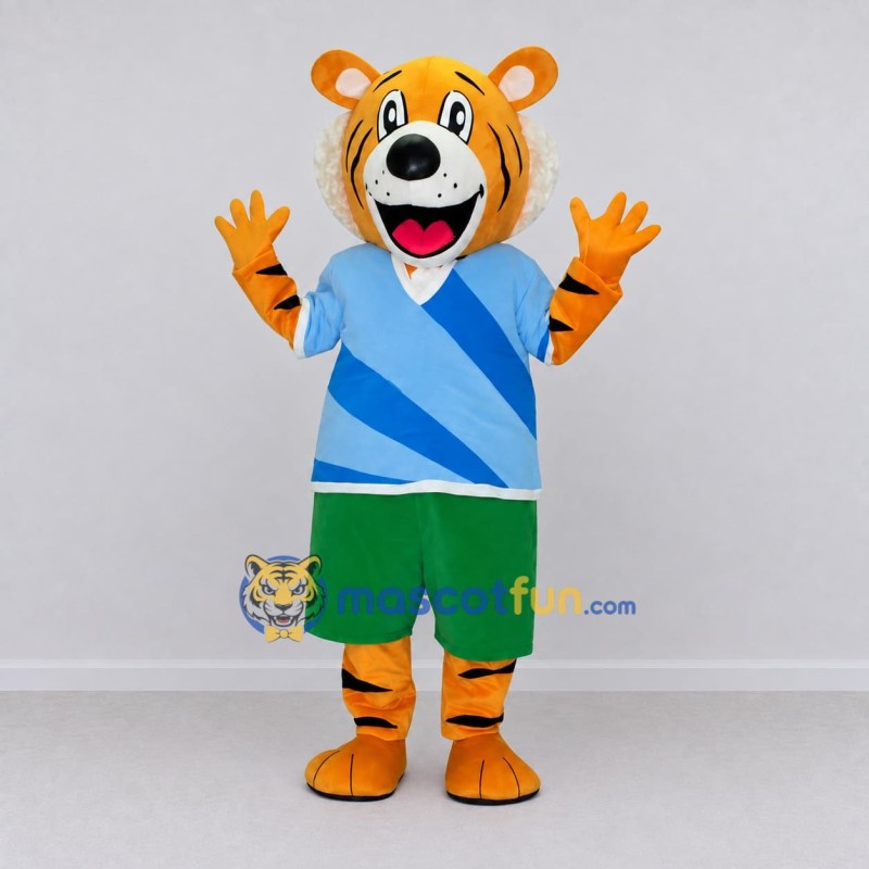 Custom Orange Blue and Green Tiger in Sportswear Mascot Costume Adult Full Body Suit for Sports Events Custom Orange Blue and Green Tiger in Sportswear Mascot Costume Adult Full Body Suit for Sports Events