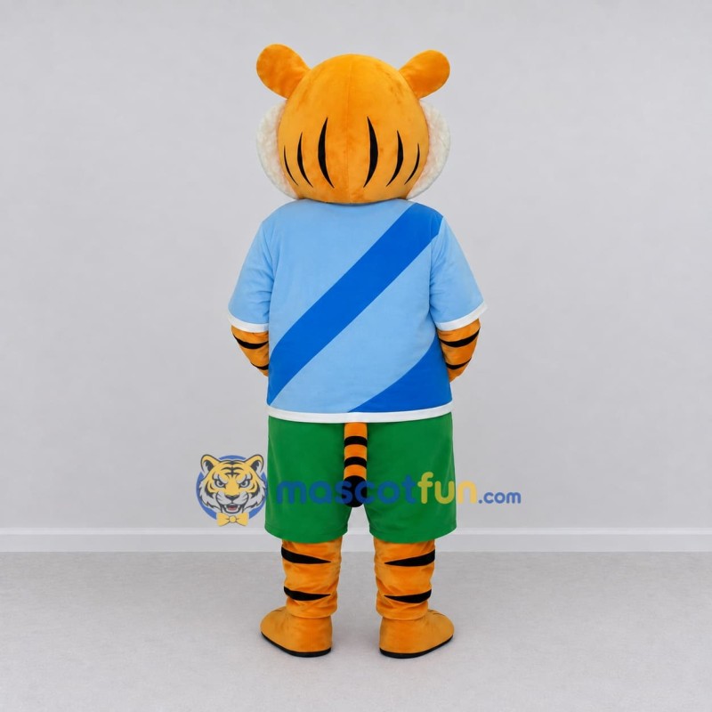 Custom Orange Blue and Green Tiger in Sportswear Mascot Costume Adult Full Body Suit for Sports Events Custom Orange Blue and Green Tiger in Sportswear Mascot Costume Adult Full Body Suit for Sports Events