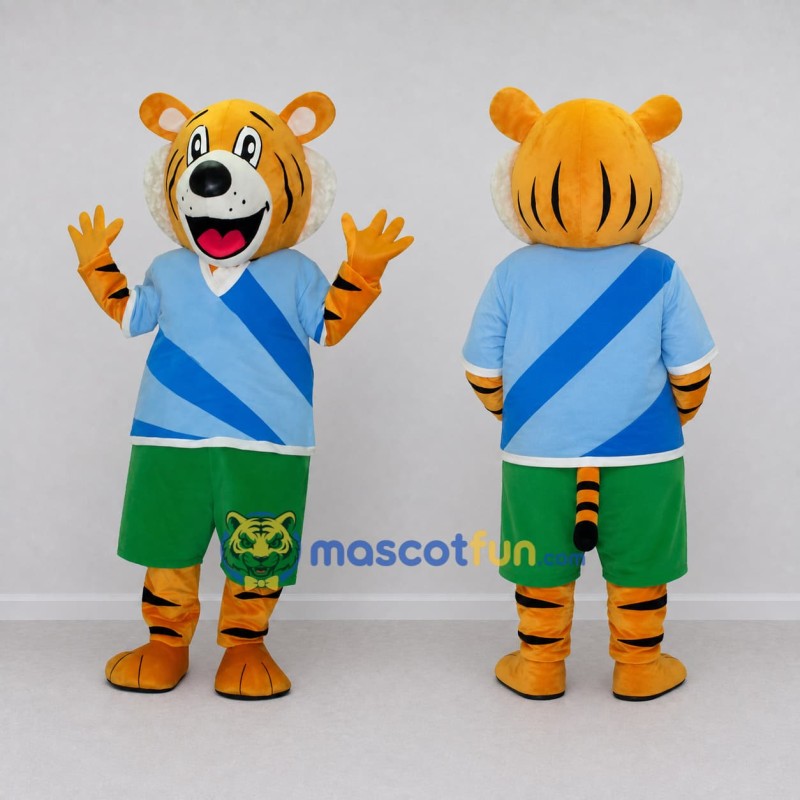 Custom Orange Blue and Green Tiger in Sportswear Mascot Costume Adult Full Body Suit for Sports Events Custom Orange Blue and Green Tiger in Sportswear Mascot Costume Adult Full Body Suit for Sports Events