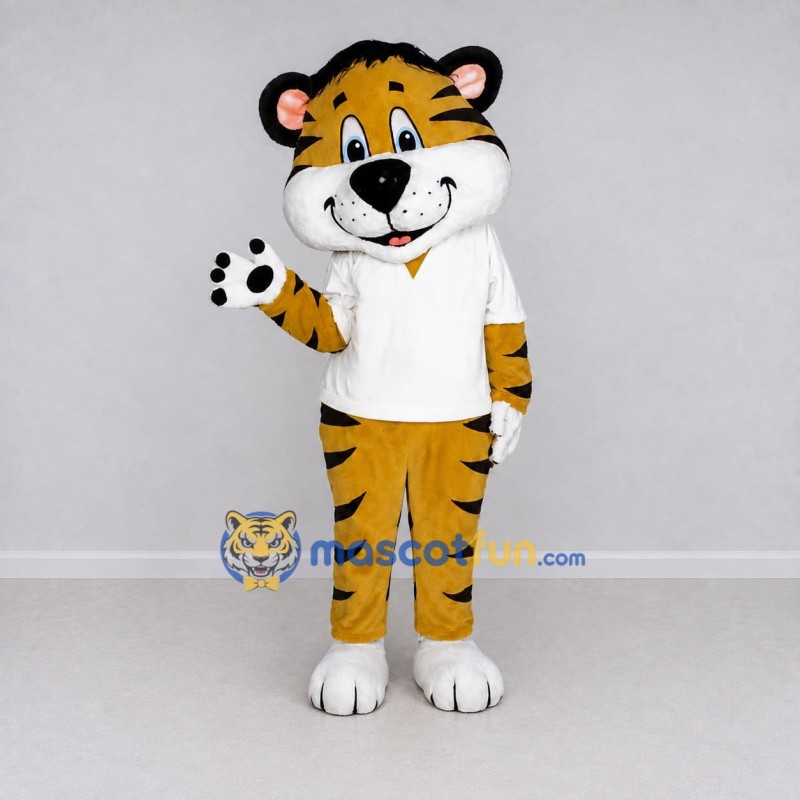 Custom Yellow Black and White Tiger in T-Shirt Mascot Costume Adult Full Body Suit for Sports Events Custom Yellow Black and White Tiger in T-Shirt Mascot Costume Adult Full Body Suit for Sports Events