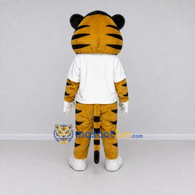 Custom Yellow Black and White Tiger in T-Shirt Mascot Costume Adult Full Body Suit for Sports Events Custom Yellow Black and White Tiger in T-Shirt Mascot Costume Adult Full Body Suit for Sports Events