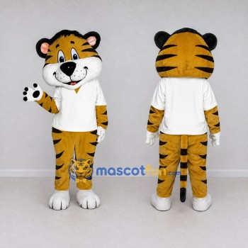 Custom Yellow Black and White Tiger in T-Shirt Mascot Costume Adult Full Body Suit for Sports Events