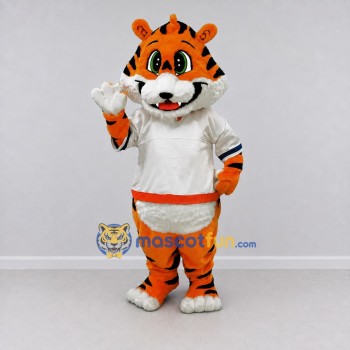 Custom Orange Black and White Tiger in T-Shirt Mascot Costume Adult Full Body Suit for Sports Events Custom Orange Black and White Tiger in T-Shirt Mascot Costume Adult Full Body Suit for Sports Events