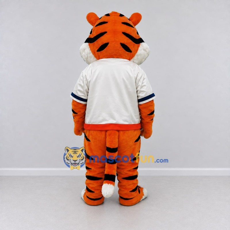 Custom Orange Black and White Tiger in T-Shirt Mascot Costume Adult Full Body Suit for Sports Events Custom Orange Black and White Tiger in T-Shirt Mascot Costume Adult Full Body Suit for Sports Events