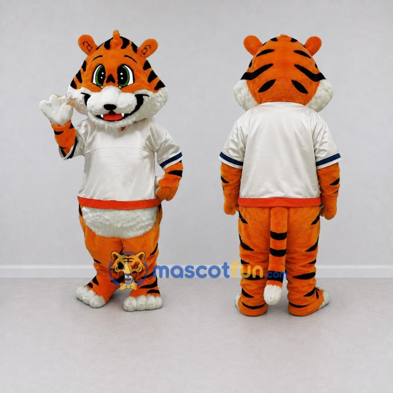 Custom Orange Black and White Tiger in T-Shirt Mascot Costume Adult Full Body Suit for Sports Events Custom Orange Black and White Tiger in T-Shirt Mascot Costume Adult Full Body Suit for Sports Events