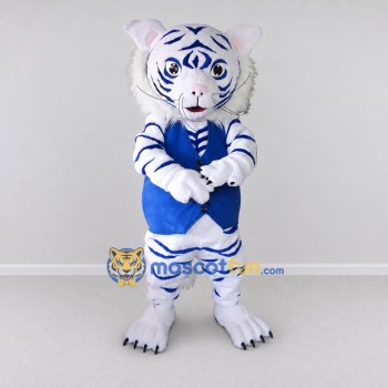 Custom White and Blue Tiger in Vest Mascot Costume Adult Full Body Suit for Sports Events