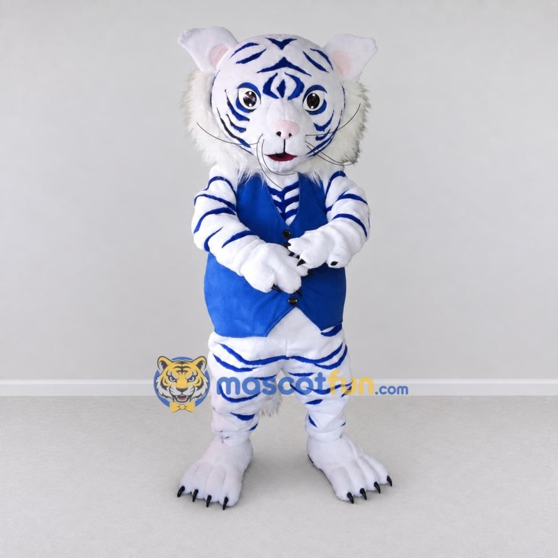 Custom White and Blue Tiger in Vest Mascot Costume Adult Full Body Suit for Sports Events Custom White and Blue Tiger in Vest Mascot Costume Adult Full Body Suit for Sports Events
