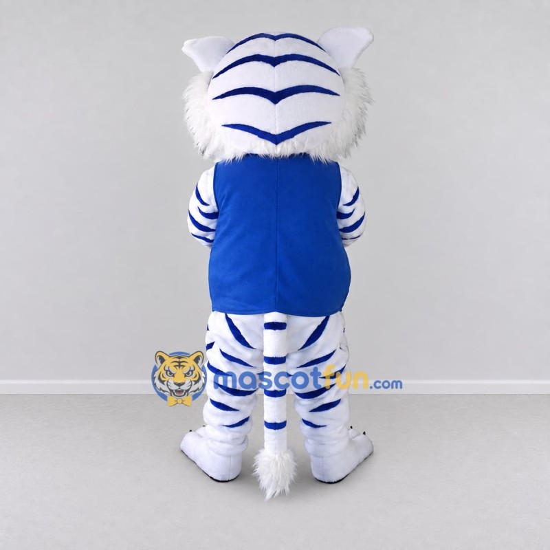 Custom White and Blue Tiger in Vest Mascot Costume Adult Full Body Suit for Sports Events Custom White and Blue Tiger in Vest Mascot Costume Adult Full Body Suit for Sports Events