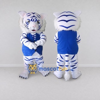 Custom White and Blue Tiger in Vest Mascot Costume Adult Full Body Suit for Sports Events