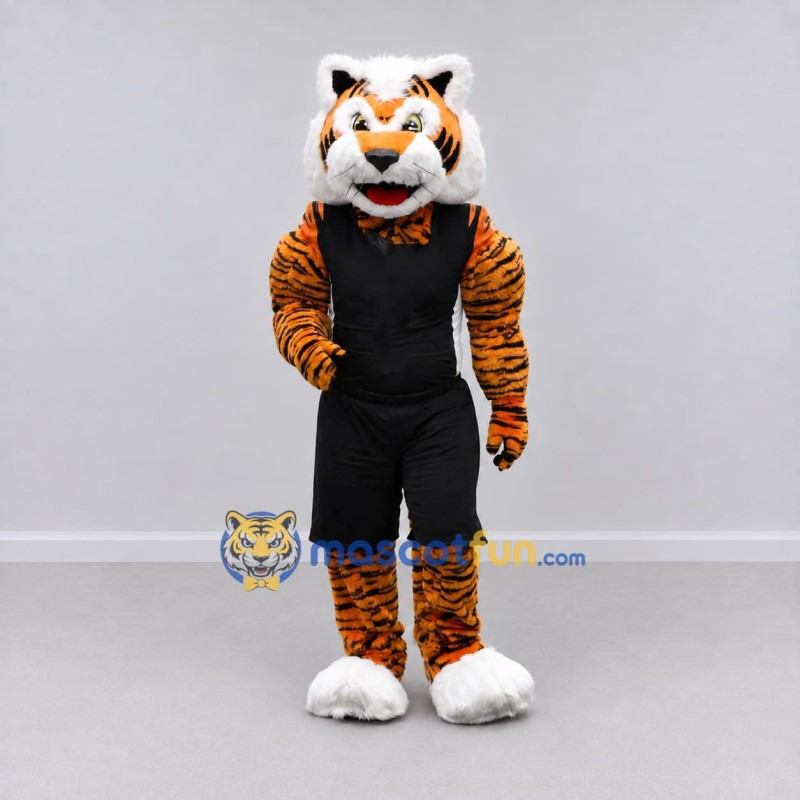 Custom Orange and Black Tiger in Sportswear Mascot Costume Adult Full Body Suit for Sports Events Custom Orange and Black Tiger in Sportswear Mascot Costume Adult Full Body Suit for Sports Events