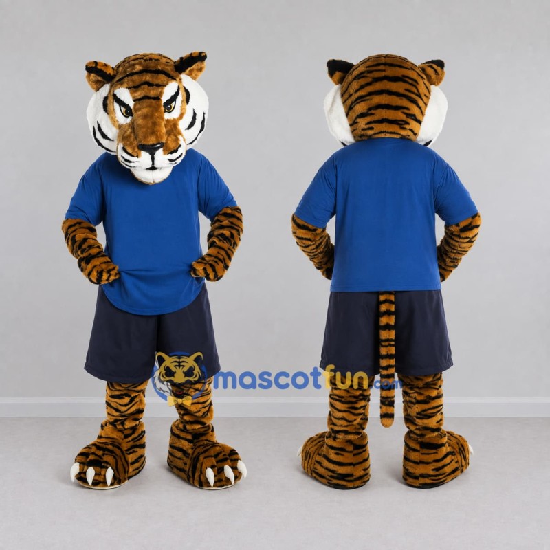 Custom Orange and Blue Tiger in Sportswear Mascot Costume Adult Full Body Suit for Sports Events