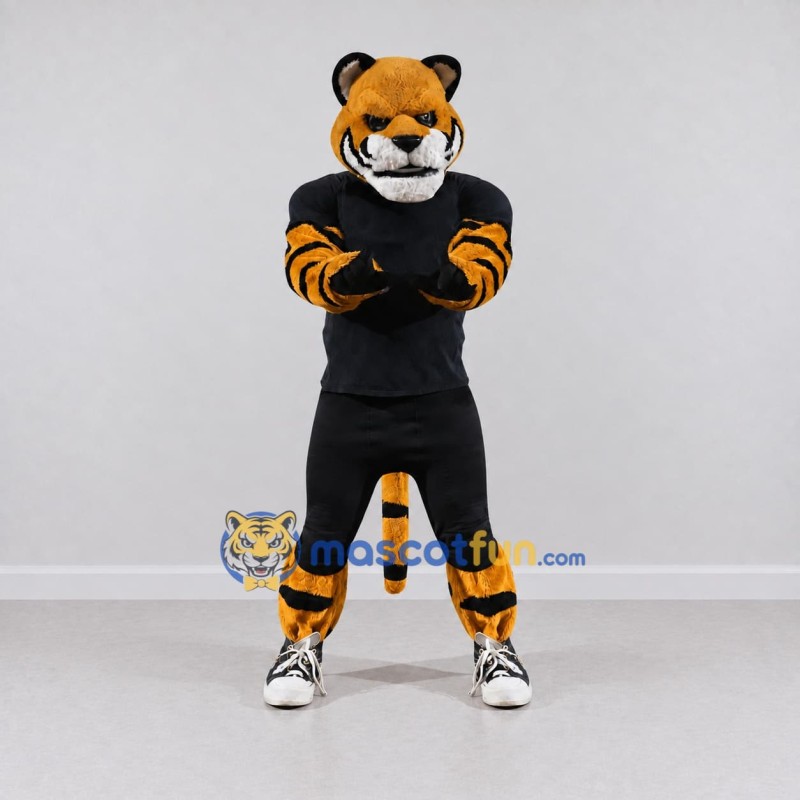 Custom Orange and Black Tiger in Sportswear Mascot Costume Adult Full Body Suit for Sports Events Custom Orange and Black Tiger in Sportswear Mascot Costume Adult Full Body Suit for Sports Events