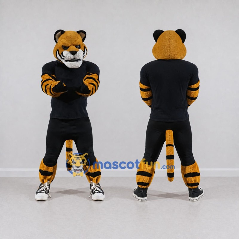 Custom Orange and Black Tiger in Sportswear Mascot Costume Adult Full Body Suit for Sports Events Custom Orange and Black Tiger in Sportswear Mascot Costume Adult Full Body Suit for Sports Events