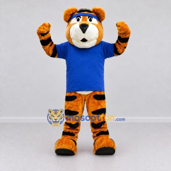 Custom Orange and Blue Tiger in T-Shirt Mascot Costume Adult Full Body Suit for Sports Events