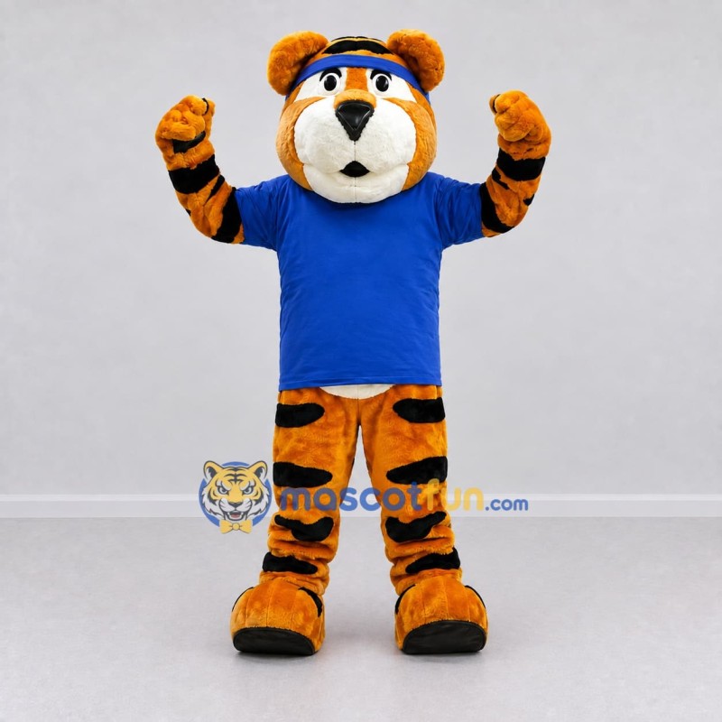 Custom Orange and Blue Tiger in T-Shirt Mascot Costume Adult Full Body Suit for Sports Events Custom Orange and Blue Tiger in T-Shirt Mascot Costume Adult Full Body Suit for Sports Events