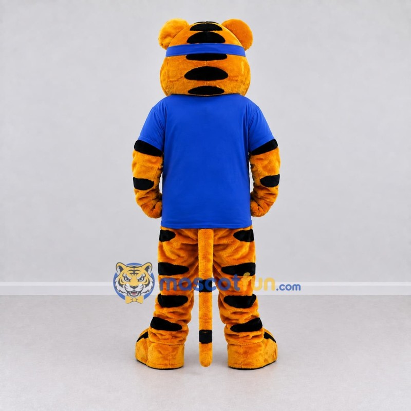 Custom Orange and Blue Tiger in T-Shirt Mascot Costume Adult Full Body Suit for Sports Events Custom Orange and Blue Tiger in T-Shirt Mascot Costume Adult Full Body Suit for Sports Events