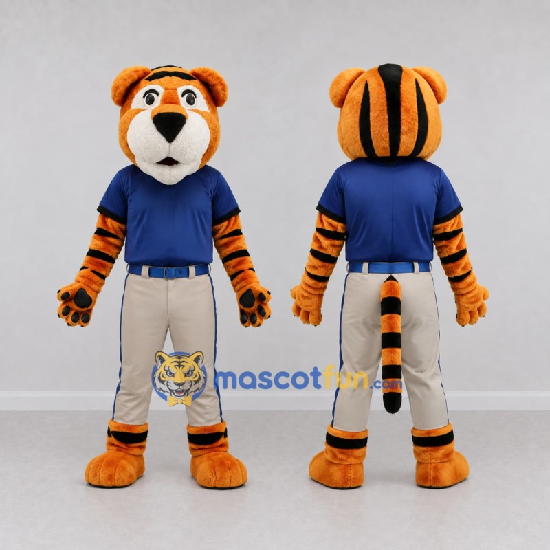 Custom Orange Blue and Gray Tiger in Baseball Uniform Mascot Costume Adult Full Body Suit for Baseball Events Custom Orange Blue and Gray Tiger in Baseball Uniform Mascot Costume Adult Full Body Suit for Baseball Events