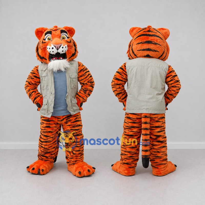 Custom Orange and Gray Tiger in Vest Mascot Costume Adult Full Body Suit for Community Events Custom Orange and Gray Tiger in Vest Mascot Costume Adult Full Body Suit for Community Events
