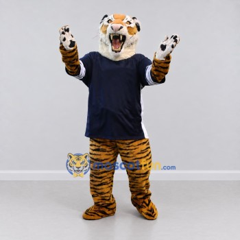 Custom Orange and Navy Blue Roaring Tiger in T-Shirt Mascot Costume Adult Full Body Suit for Sports Events