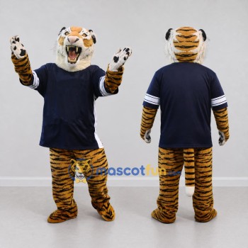Custom Orange and Navy Blue Roaring Tiger in T-Shirt Mascot Costume Adult Full Body Suit for Sports Events