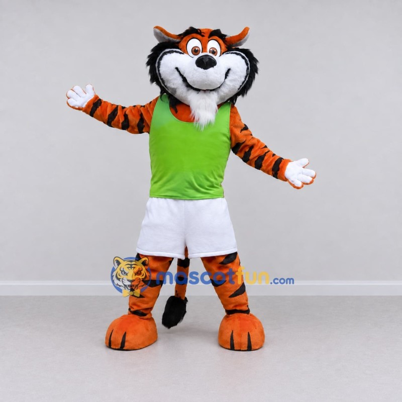 Custom Orange Green and White Striped Feline in Sportswear Mascot Costume Adult Full Body Suit for Sports Events Custom Orange Green and White Striped Feline in Sportswear Mascot Costume Adult Full Body Suit for Sports Events