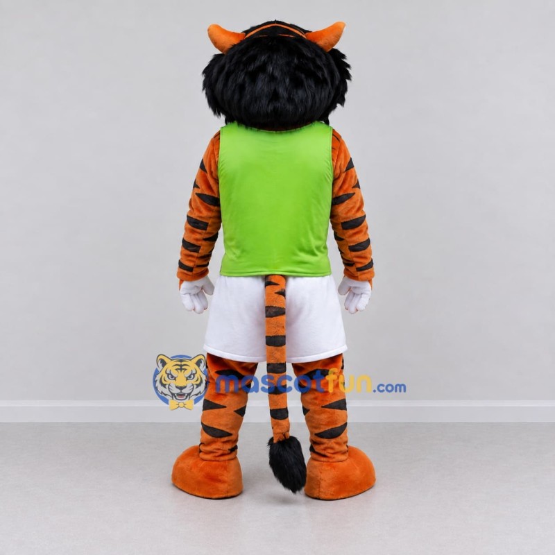 Custom Orange Green and White Striped Feline in Sportswear Mascot Costume Adult Full Body Suit for Sports Events Custom Orange Green and White Striped Feline in Sportswear Mascot Costume Adult Full Body Suit for Sports Events