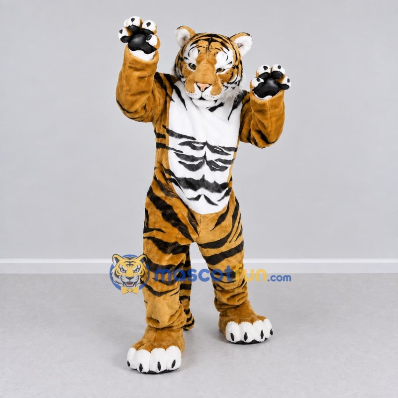 Custom Golden Brown Black and White Tiger Mascot Costume Adult Full Body Suit for Wildlife Events Custom Golden Brown Black and White Tiger Mascot Costume Adult Full Body Suit for Wildlife Events
