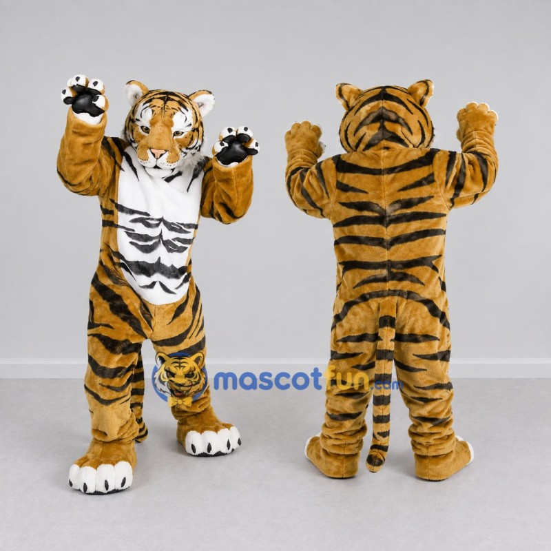Custom Golden Brown Black and White Tiger Mascot Costume Adult Full Body Suit for Wildlife Events Custom Golden Brown Black and White Tiger Mascot Costume Adult Full Body Suit for Wildlife Events