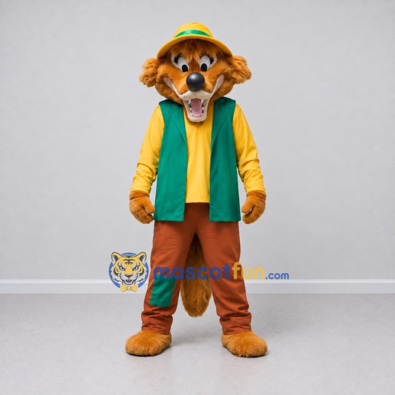 Custom Brown Green and Yellow Dog in Vest and Hat Mascot Costume Adult Full Body Suit for Farm Events Custom Brown Green and Yellow Dog in Vest and Hat Mascot Costume Adult Full Body Suit for Farm Events