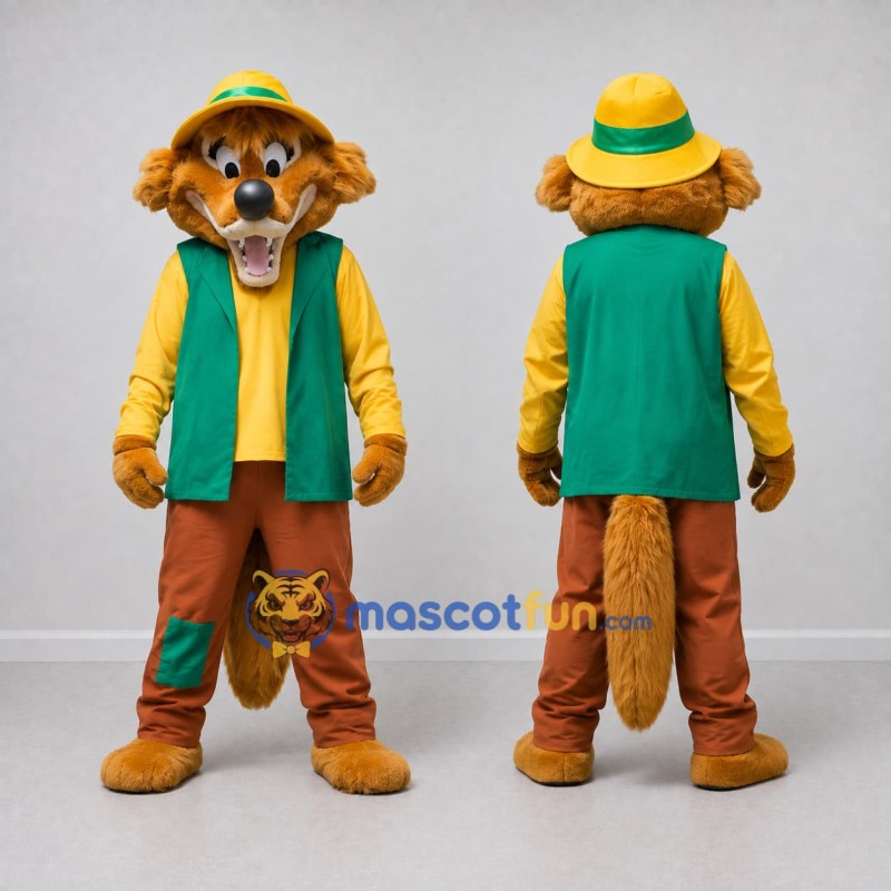 Custom Brown Green and Yellow Dog in Vest and Hat Mascot Costume Adult Full Body Suit for Farm Events Custom Brown Green and Yellow Dog in Vest and Hat Mascot Costume Adult Full Body Suit for Farm Events