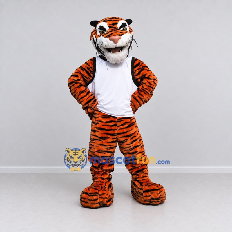 Custom Orange Black and White Tiger in T-Shirt Mascot Costume Adult Full Body Suit for Sports Events Custom Orange Black and White Tiger in T-Shirt Mascot Costume Adult Full Body Suit for Sports Events